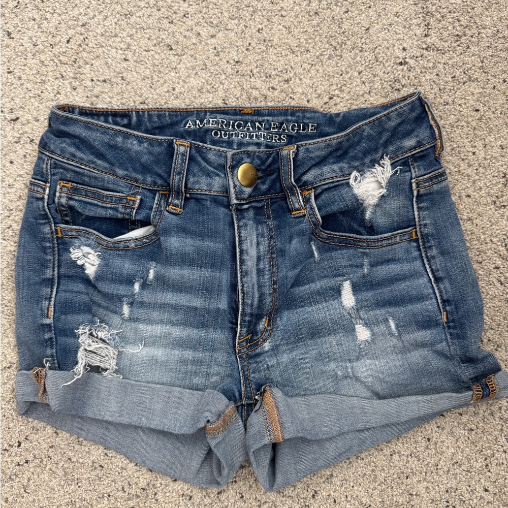 American Eagle Cut Off Jean Shorts High Rise Shortie Destroyed Hot Pants Size 2